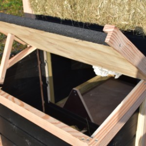 Het legnest heeft een scharnierend dak, zodat u makkelijk eieren kunt rapen